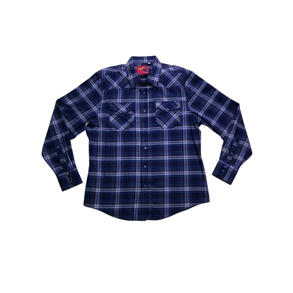 Rodeo Clothing Co Western Shirt Mens Large Blue Plaid Pearl Snap FLS300 Cowboy